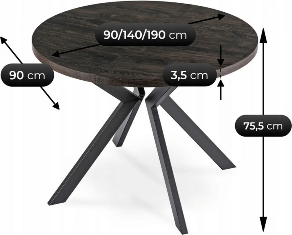 Stół Okrągły Rozkładany LUKAS 100-250 cm Czarny Nowoczesny Loft