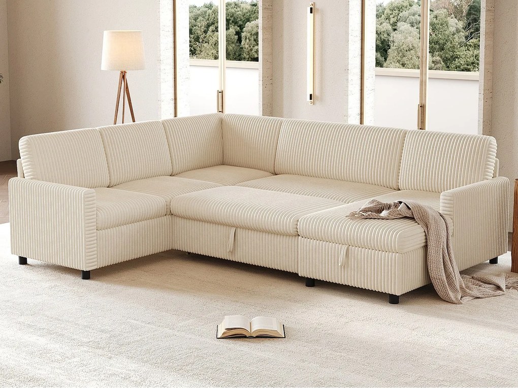 Nowoczesna narożna sofa w kształcie U - z miejscem do przechowywania - sofa rozkładana - welur sztruksowy - Beżowy