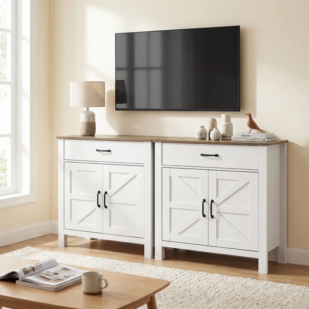 HOMCOM Komoda bufet w stylu wiejskim, szafka kuchenna z przesuwnymi drzwiami i regulowaną półką, biała | Aosom PL