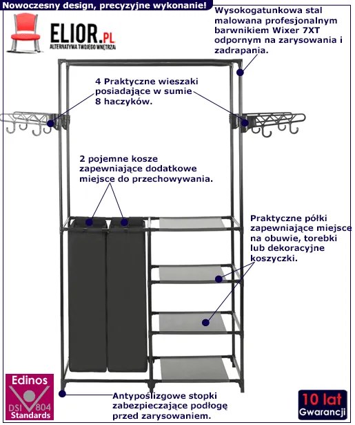 Wolnostojący wieszak na ubrania z półkami i koszami M9-H11