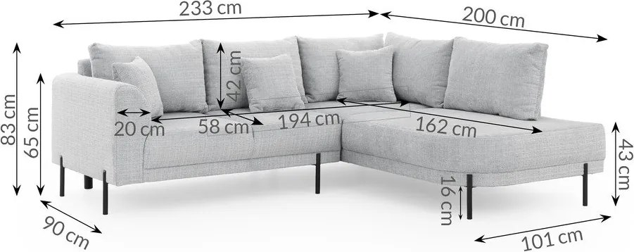 Jasnoszary narożnik z tkaniny szenilowej (prawostronny/w kształcie litery L) Mauris – Ropez