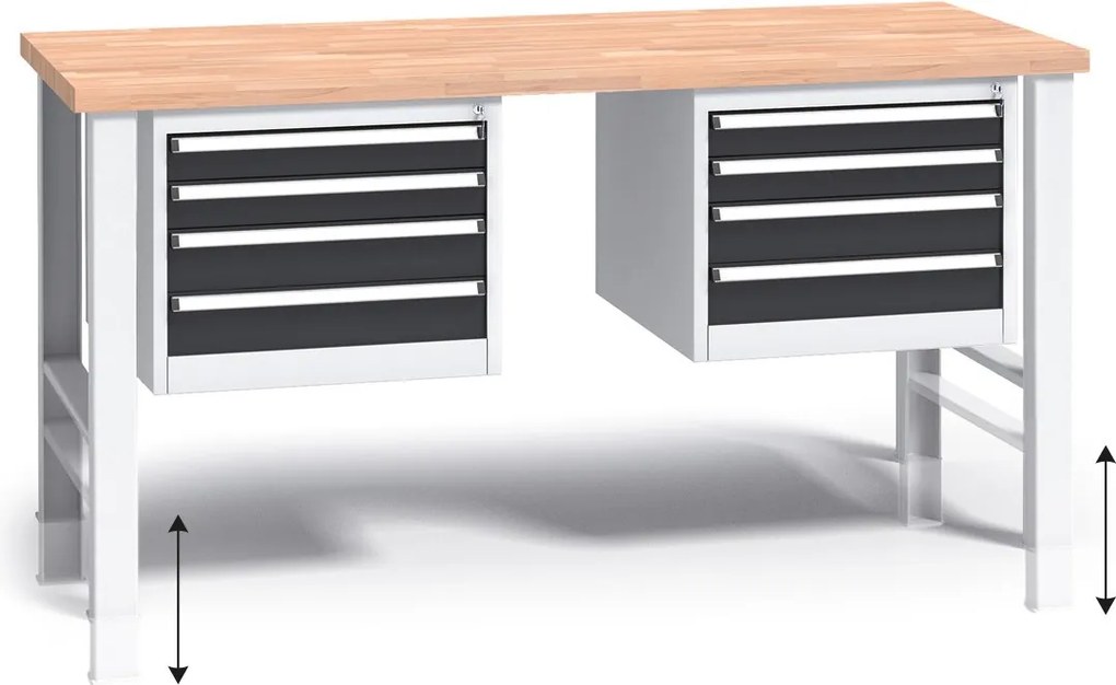 Stół warsztatowy z regulacją wysokości G3, 1700 x 685 x 840-1050 mm, 2x 4 szufladowy kontener, grafitowy
