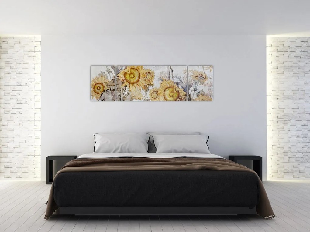 Obraz - Słoneczniki na ścianie (170x50 cm)