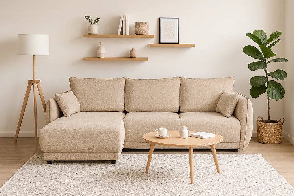 Narożnik lewy Loren z funkcją spania 250x150x90 cm – tkanina Raven 24 kremowa