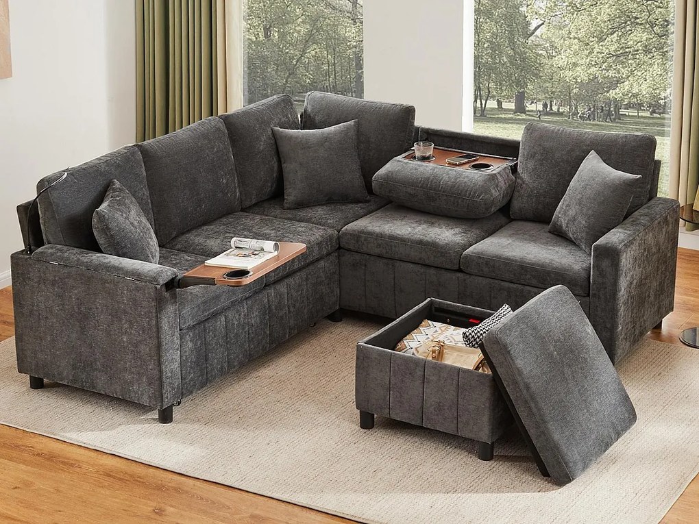 Kanapa narożna z chenille - z funkcją spania - z USB, Type-C i lampką do czytania - składane oparcie z dwoma uchwytami na kubki - z siedziskiem - Szary