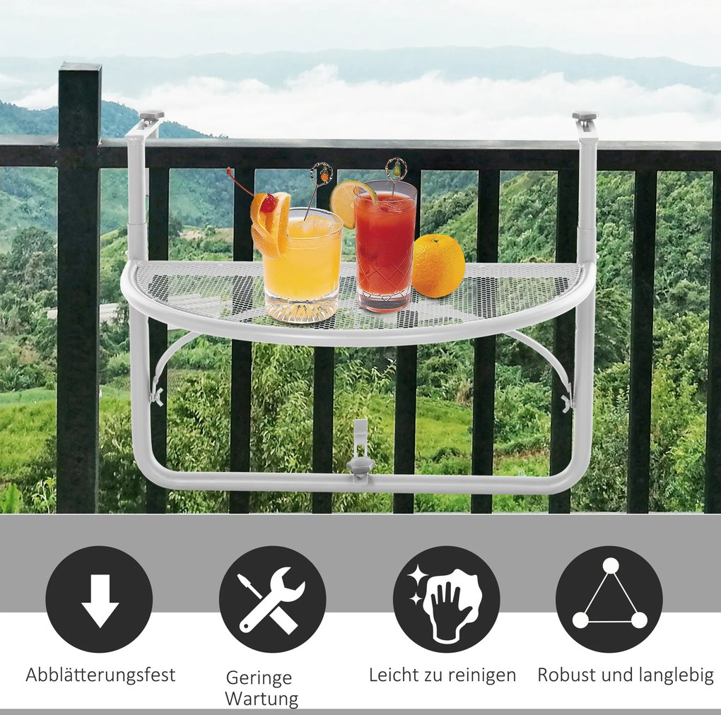Outsunny Stół Wiszący Balkonowy Półokrągły Regulowana Wysokość Metalowy Biały Ø30cm 60x45x50cm | Aosom PL