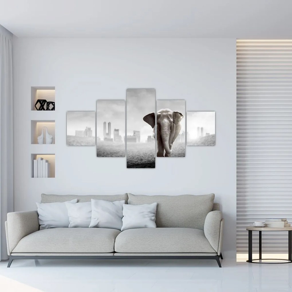 Obraz - Słonie w wielkim mieście, wersja czarno - biała (125x70 cm)