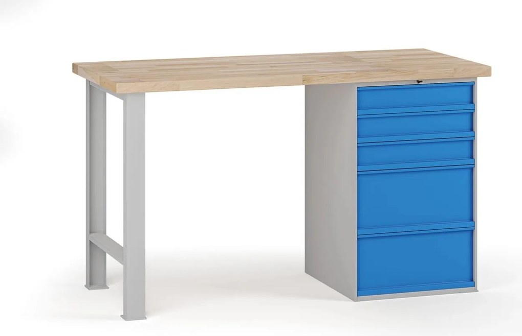 Stół warsztatowy G7, blat bukowy, 1500 x 800 x 840 mm, 1x kontener, 5x szuflada, niebieski