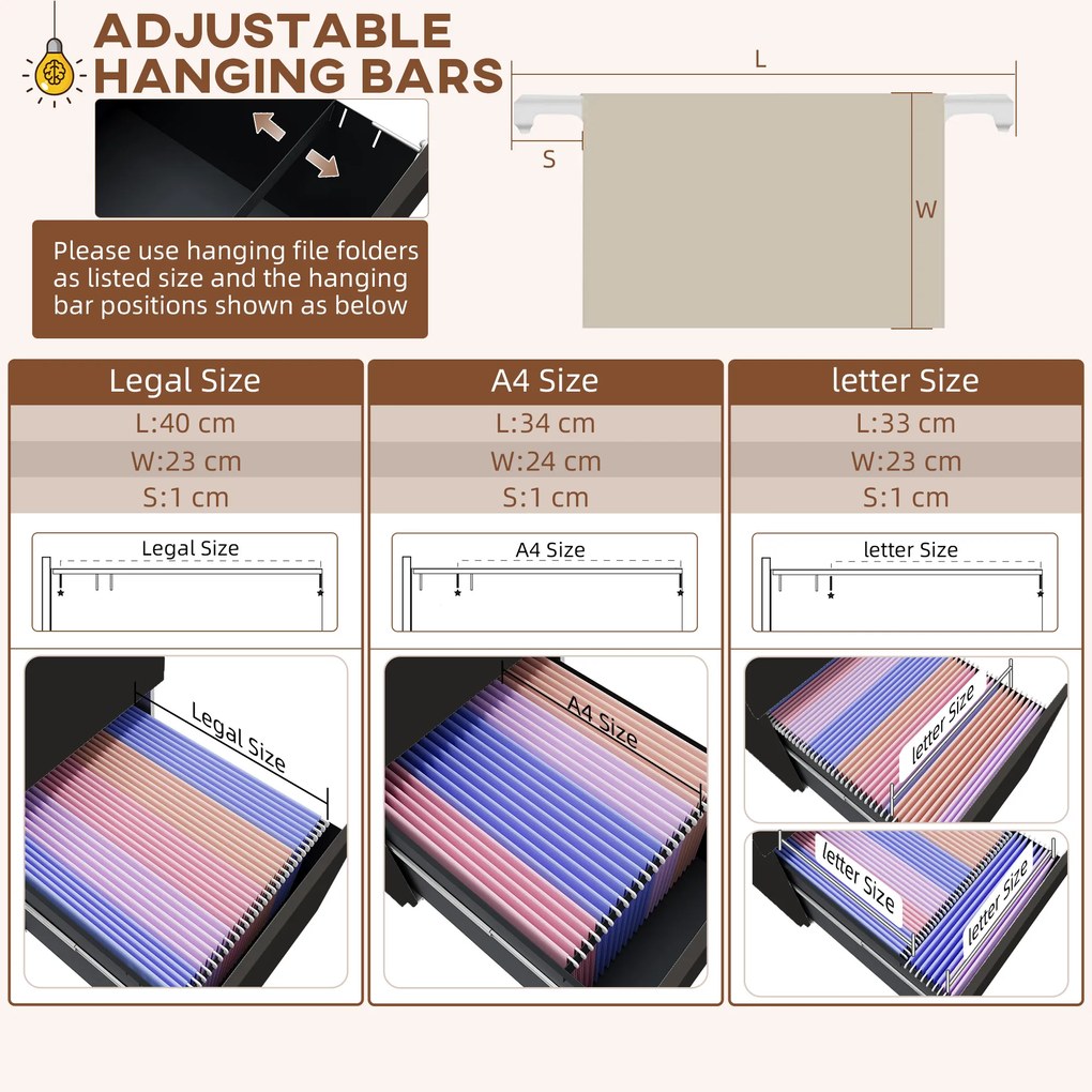 Vinsetto Kontener na dokumenty, 3 szuflady, zamykany, na kółkach, 37 cm x 43,5 cm x 60 cm, Czarny | Aosom PL