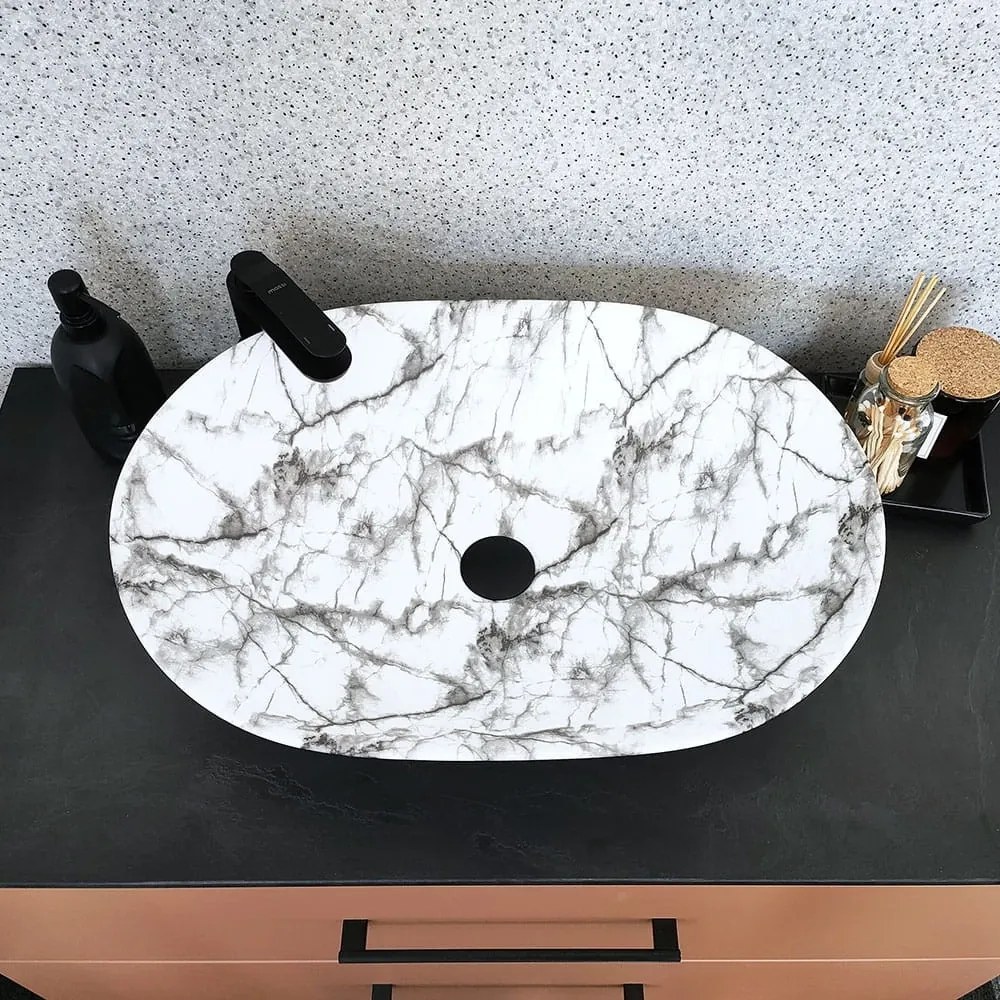 Umywalka  ceramiczna nablatowa owalna marmurowa biała bez otworu na baterię 60 x 42 cm MARMO White