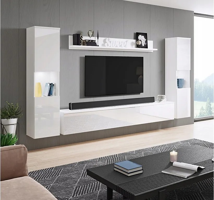 Nowoczesna meblościanka 4-elementowa do salonu z LED, 2 słupki, szafka RTV 180 cm i półka, korpus biały mat, fronty biały połysk