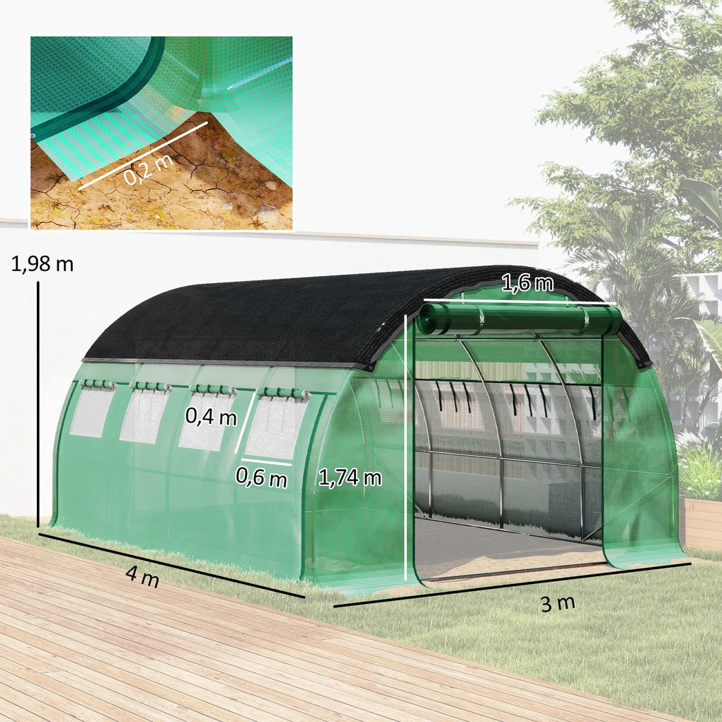 Outsunny Szklarnia Polytunelowa 4 x 3 x 2 m z siecią przeciwsłoneczną, zwijanymi ścianami bocznymi, pokrywą z plastiku, stalową ramą, Zielony