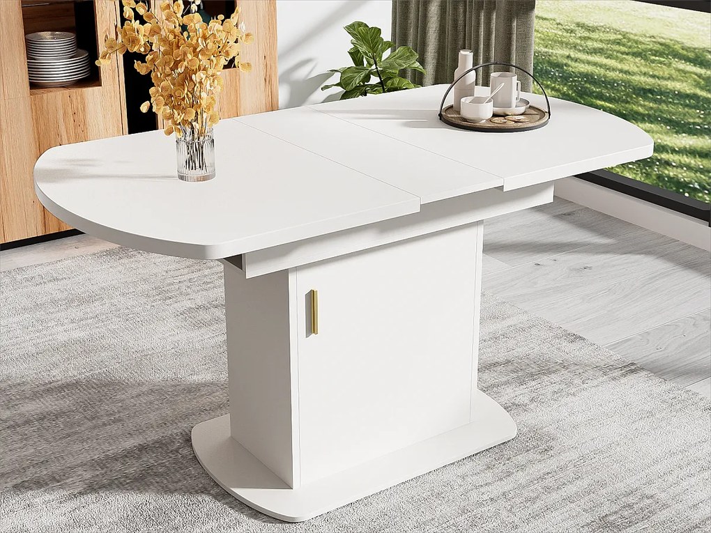 Owalny stół jadalny składany - z miejscem na przechowywanie i złotą rączką - Biały