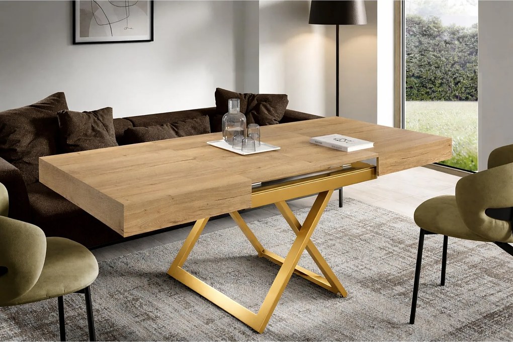 Ławostół 120 cm Ducale U - stół rozkładany do salonu 120-200 cm, regulowana wysokość, złoty stelaż - Natural Halifax Oak
