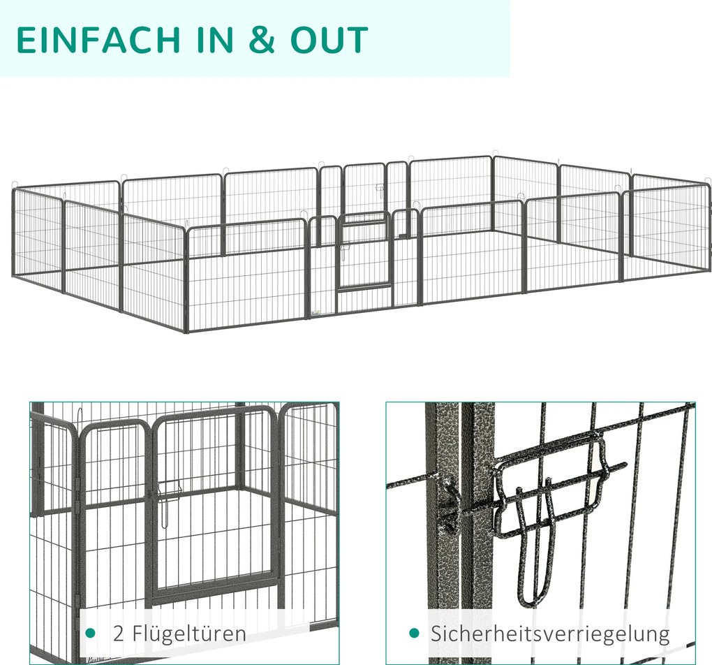 PawHut kojec dla psa, płot dla szczeniąt, dla psa na zewnątrz, krata z 2 drzwiami stalowo-szarymi, 16 segmentów 60 cm wysokości