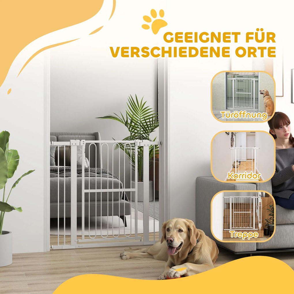 PawHut Bramka dla zwierząt domowych wysokości 94 cm na ramy drzwiowe, korytarze i schody, szerokość 76-104 cm, z metalu i plastiku, biała