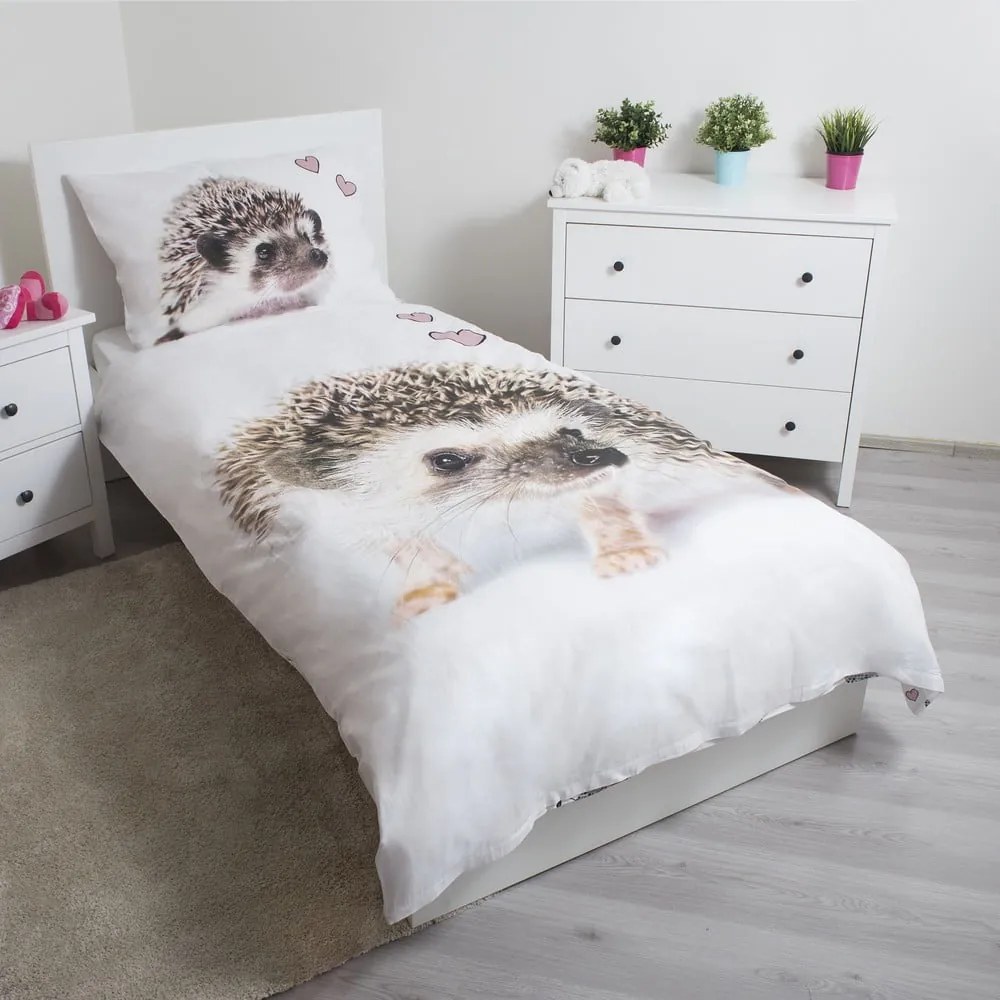 Biało-brązowa bawełniana pościel dziecięca jednoosobowa 140x200 cm Hedgehog – Jerry Fabrics