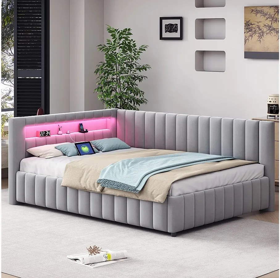Sofa tapicerowana z funkcją spania - 140 x 200 cm - z diodami LED + USB + oparcie + zagłówek - tkanina aksamitna - jasnoszara