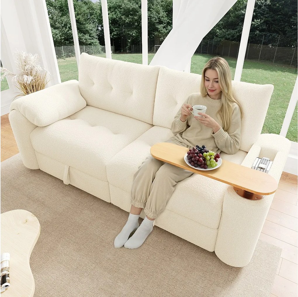 Nowoczesna sofa 2-osobowa - 207,5 x 80 x 87 cm - ze schowkiem + zagłówkiem + wbudowanym stolikiem bocznym - welur - beż