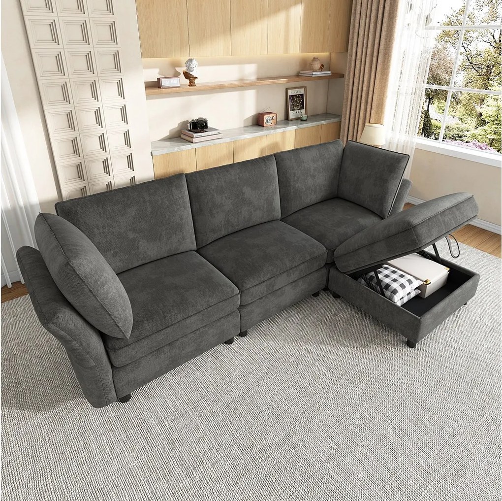 Modułowa narożna sofa w kształcie litery L z pufem ze schowkiem i poduszkami – Chenille – 225 x 137 x 84 cm – 4/5-osobowa – Szara