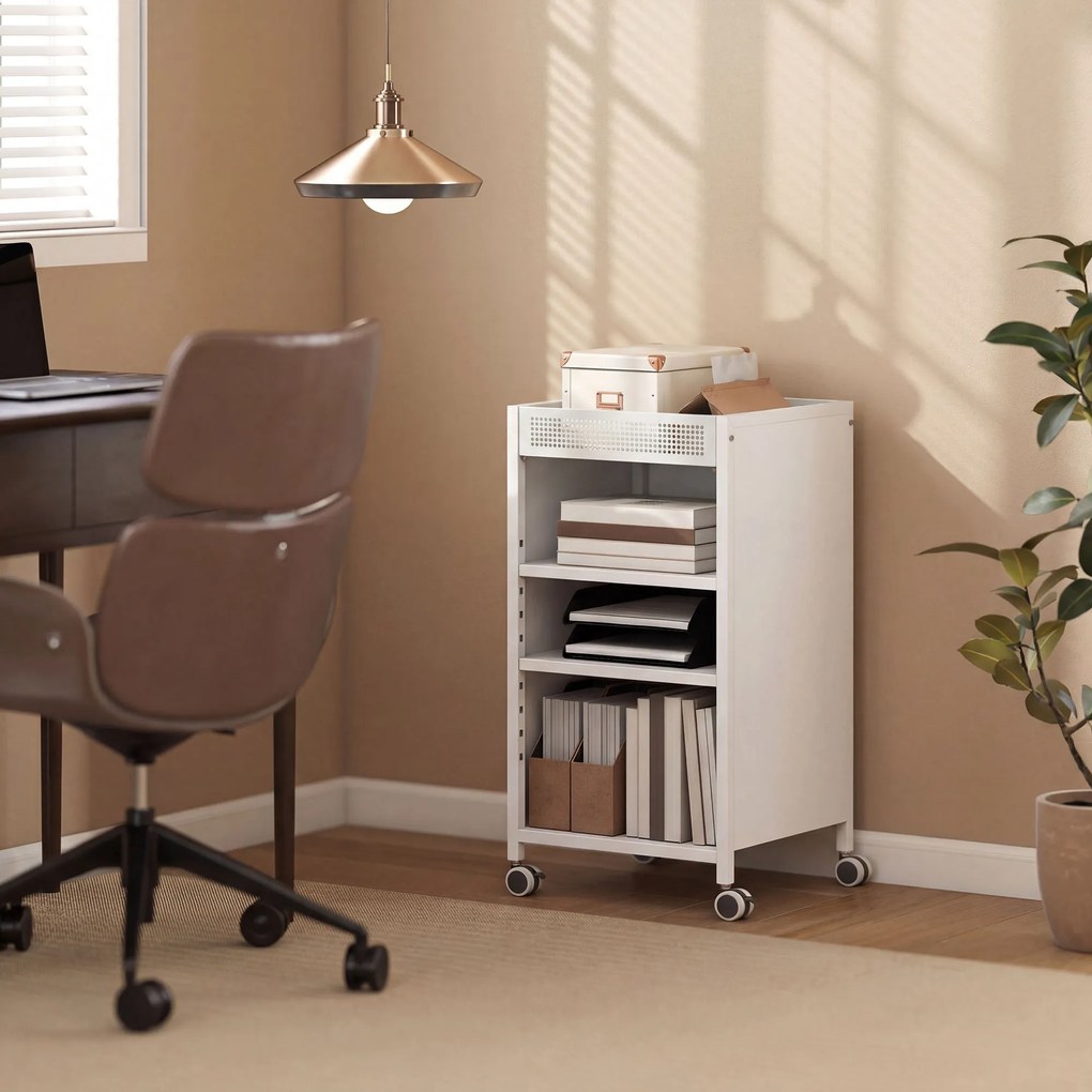 HOMCOM Mobilny regał na książki z regulowanymi półkami, 3-poziomowy wózek z górnym koszem, biały | Aosom PL