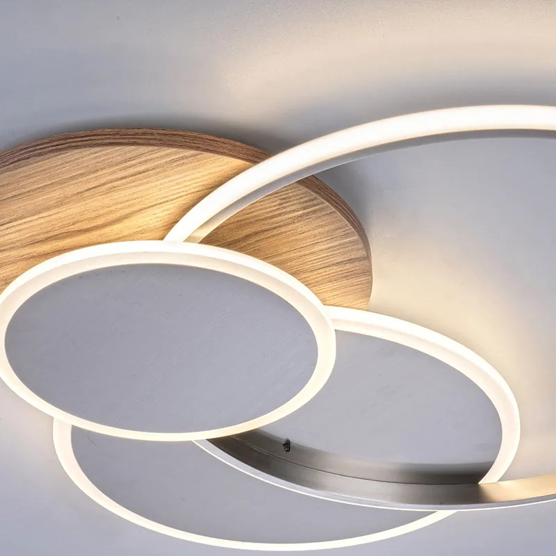 Okrągła lampa sufitowa drewniana z LED 3-światła z pilotem - Ajdin Nowoczesny Oswietlenie wewnetrzne
