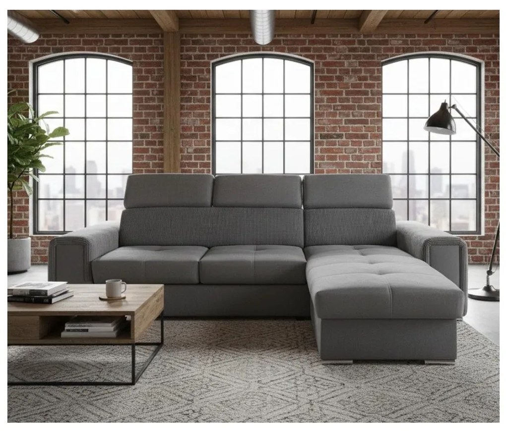 Uniwersalny narożnik rozkładany w kształcie L z pojemnikiem na pościel SALVADA ciemnoszary