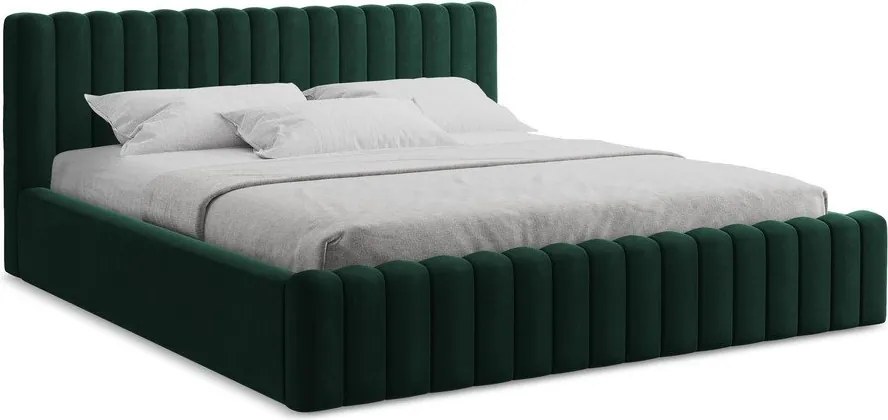 Ciemnozielone tapicerowane łóżko dwuosobowe ze schowkiem ze stelażem 180x200 cm Lemi – Makamii