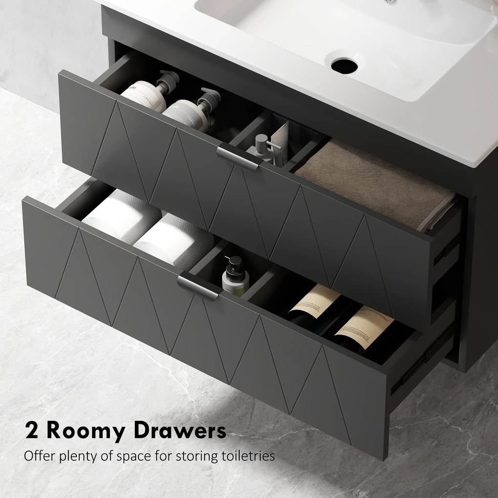 HOMCOM Szafka pod umywalkę Wisząca szafka z ceramiczną umywalką, Szuflady Soft-Close, Czarna