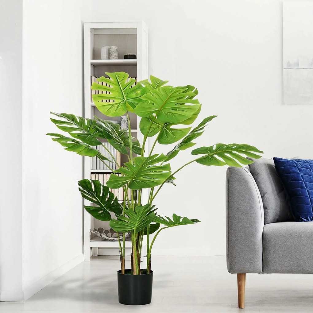 HOMCOM Sztuczna Roślina Monstera Deliciosa z Realistycznym Wyglądem, Doniczka i Cementowa Ziemia, 17,5 cm x 17,5 cm x 120 cm, Zielona