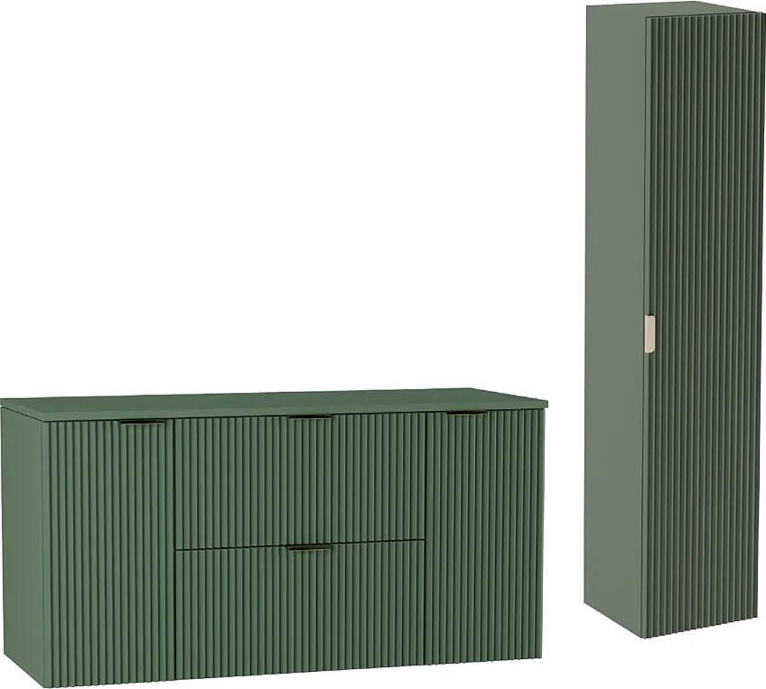 Zielony Zestaw Łazienkowy 120cm Szafka Blat Słupek Ryflowane Fronty