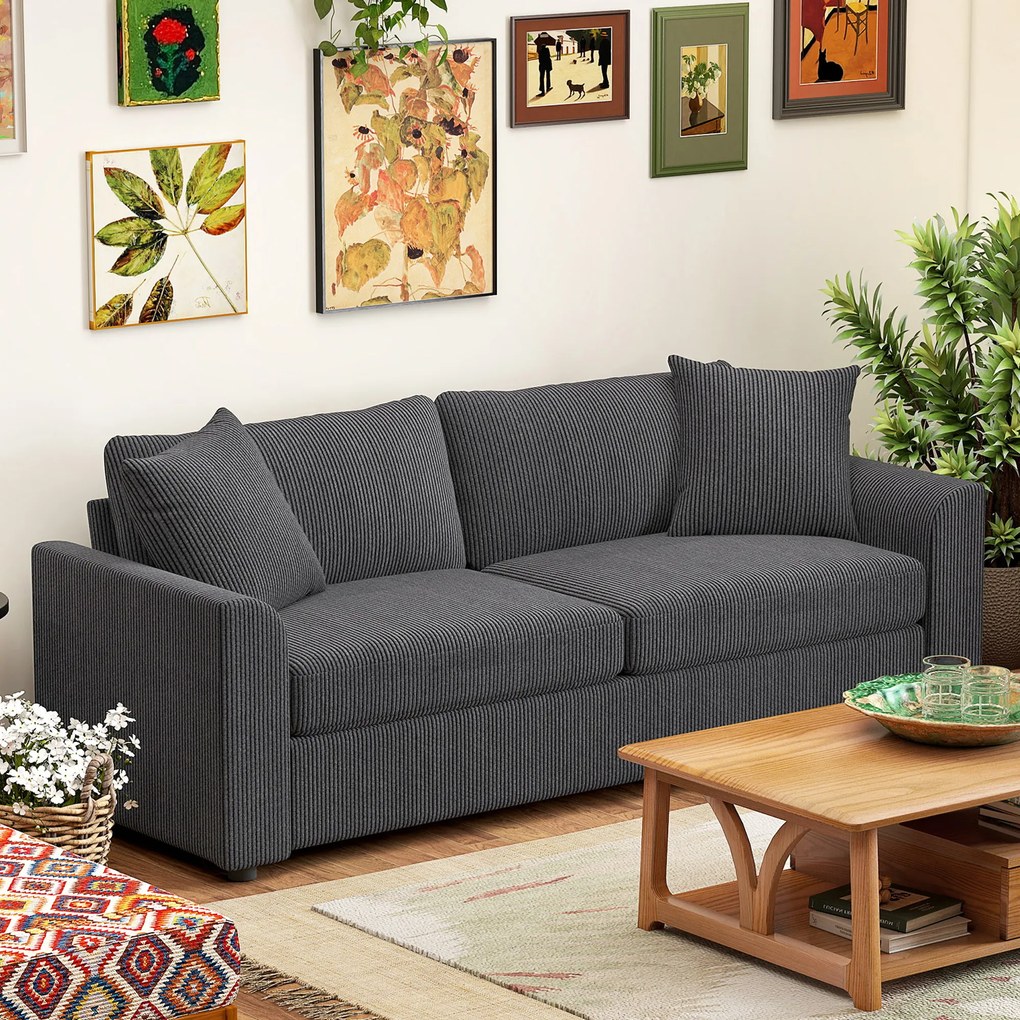 HOMCOM Sofa 3-osobowa z poduszkami ozdobnymi, sofa ze sztruksu do salonu, sypialni, szer. 212 cm, ciemnoszary | Aosom PL