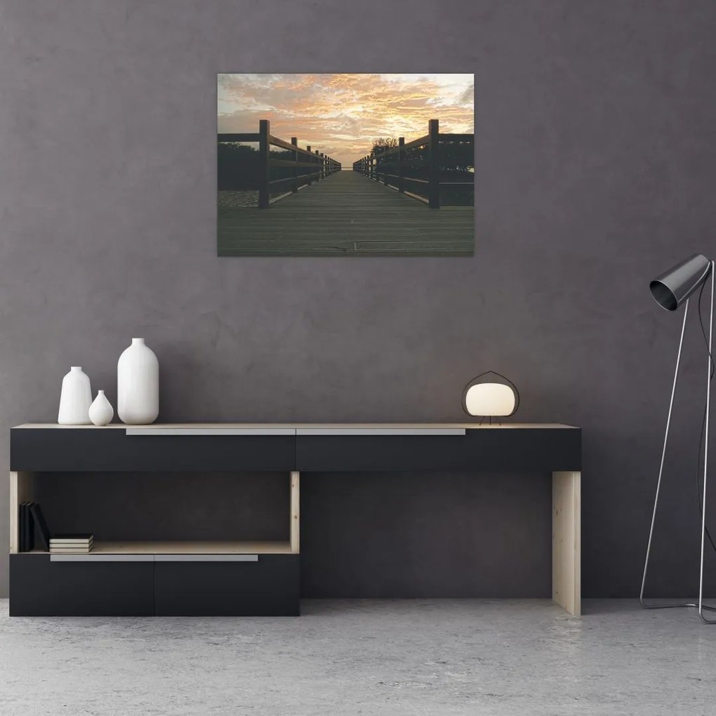 Obraz na szkle drewnianego pomostu nad jeziorem (70x50 cm)