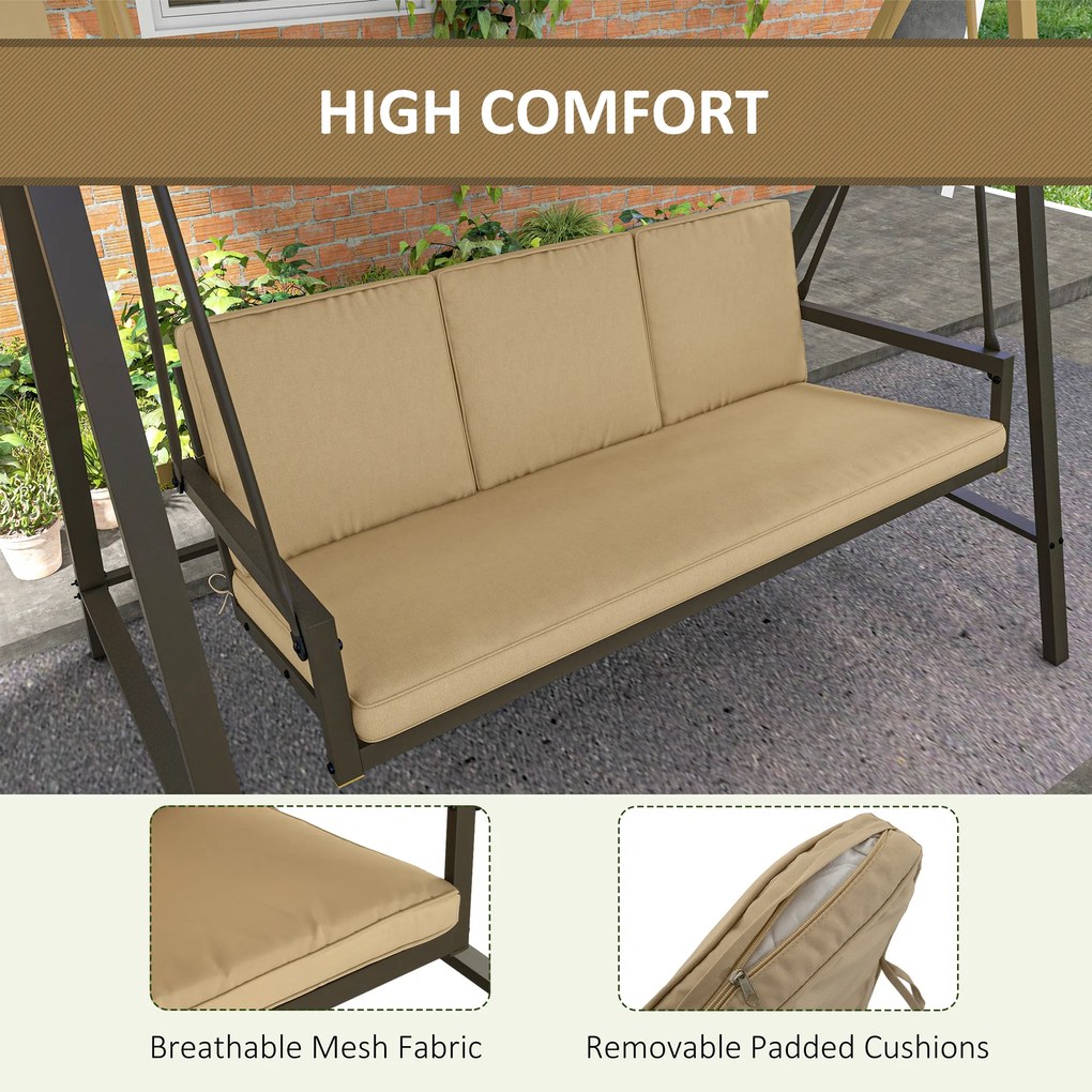 Outsunny Huśtawka Ogrodowa 3-osobowa z Regulowanym Daszkiem Beżowa 200x125x175cm | Aosom PL