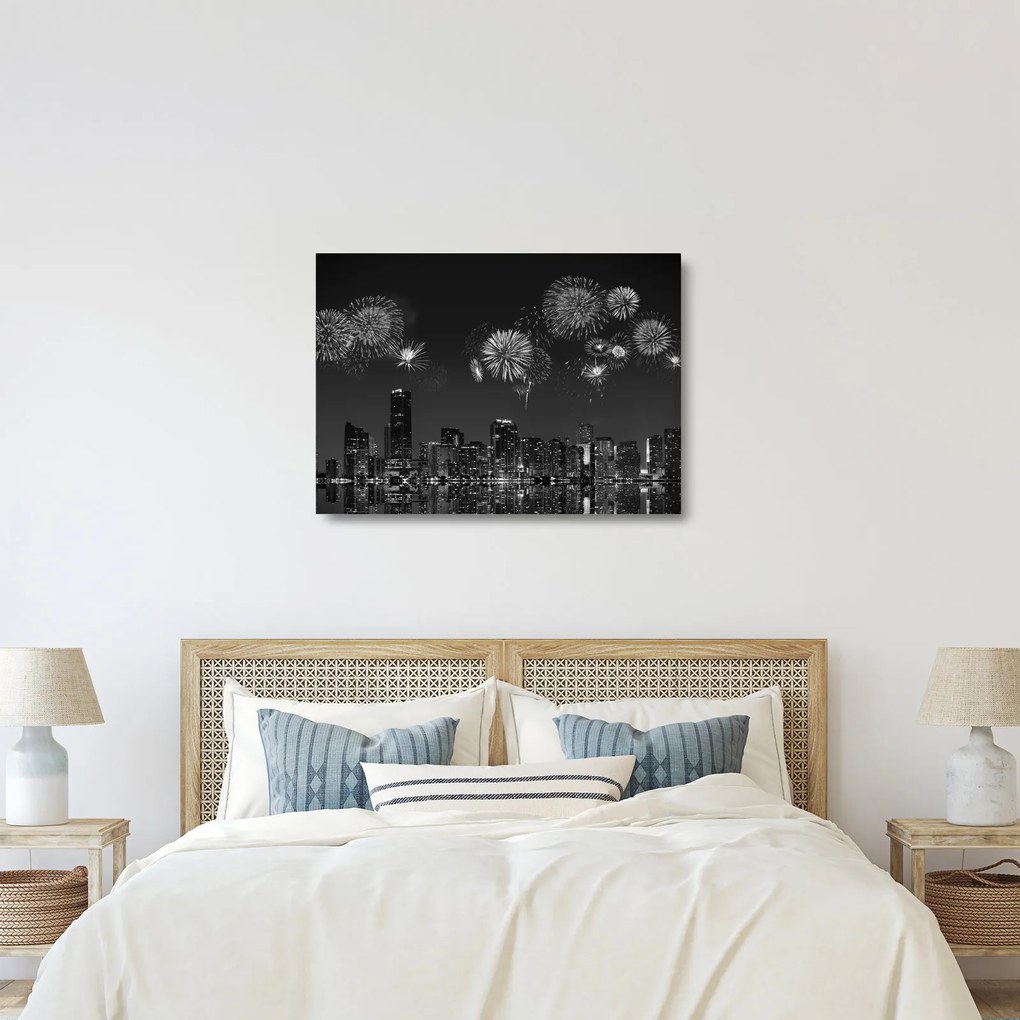 Obraz na szkle - Fajerwerki w Miami, czarno - białe (70x50 cm)