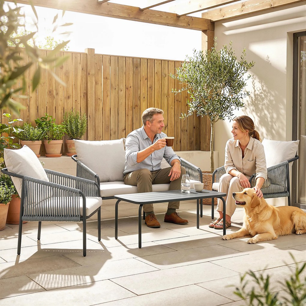 Outsunny Zestaw mebli ogrodowych 4-częściowy Polirattanowa sofa z dwuosobową sofą, 2 fotelami i stolikiem kawowym z poduszkami | Aosom PL