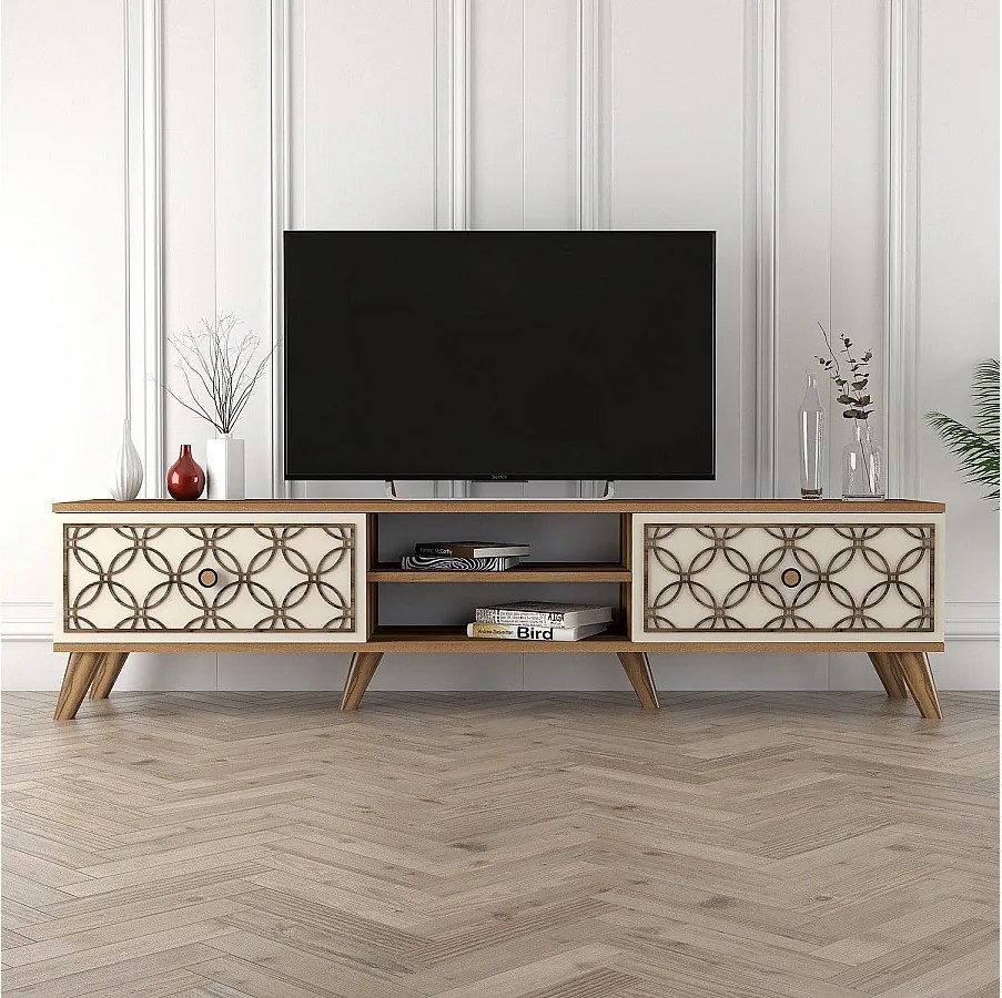 Nowoczesna szafka RTV z półkami – 180 cm x 44 cm x 35 cm – orzech i krem ​​– melamina