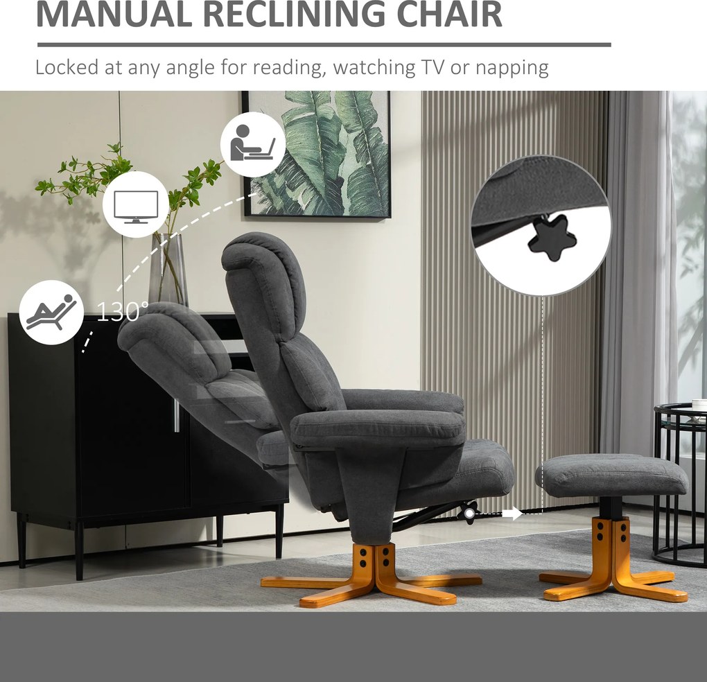HOMCOM Regulowany fotel z pufą z wysokim oparciem i drewnianą ramą do salonu, sypialni, Ciemnoszary