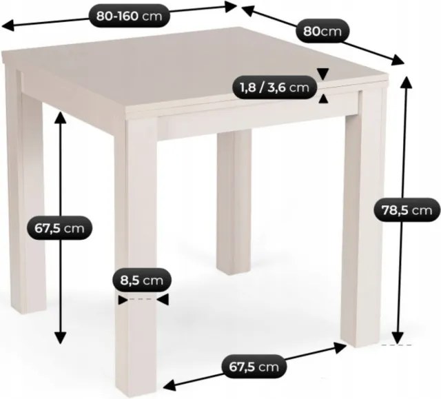 Stół Kwadratowy Rozkładany MAX 80-160 cm Kaszmir Nowoczesny