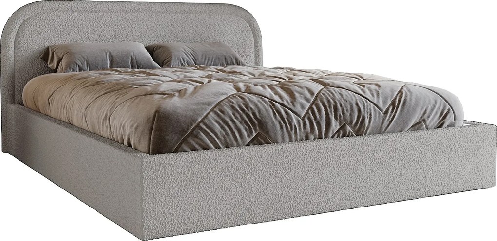 Łóżko bouclé 200x200 Dune, dwuosobowe z okrągłym zagłowiem, pojemnik, stelaż drewniany - jasnoszary