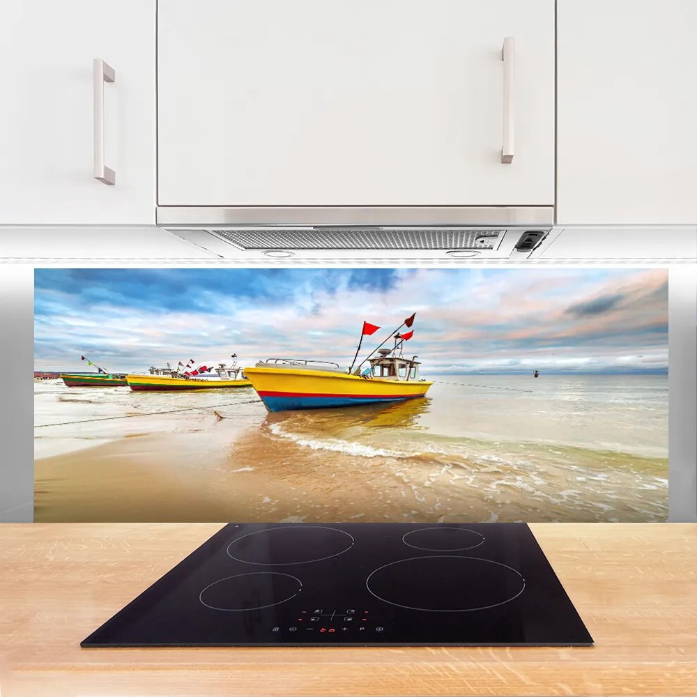 Panel Szklany do Kuchni Kolorowe Łodzie Na Brzegu