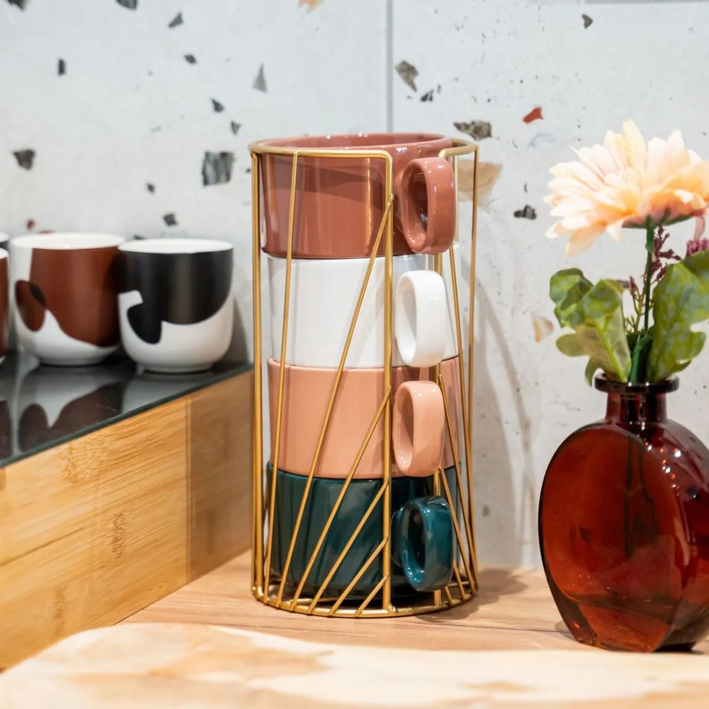 Zestaw 4 ceramicznych filiżanek na stojaku COLL, 250 ml