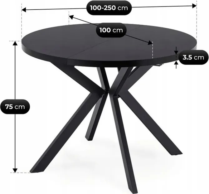 Stół Okrągły Rozkładany LUKAS 100-250 cm Czarny Loft