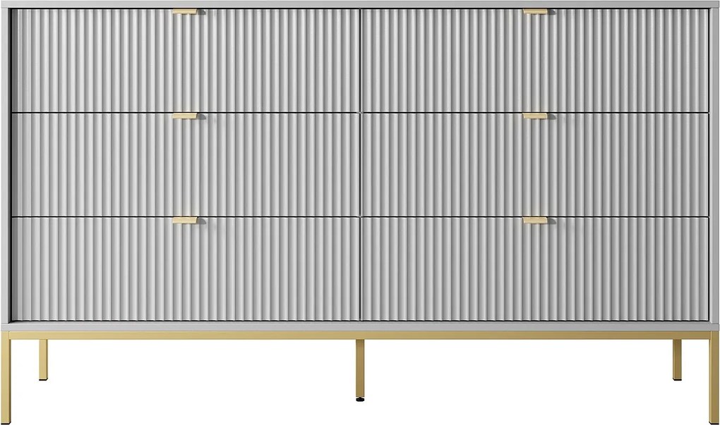 Komoda: 6 szuflad, szara, złote nóżki, 154 x 39 x 83 cm, złote uchwyty