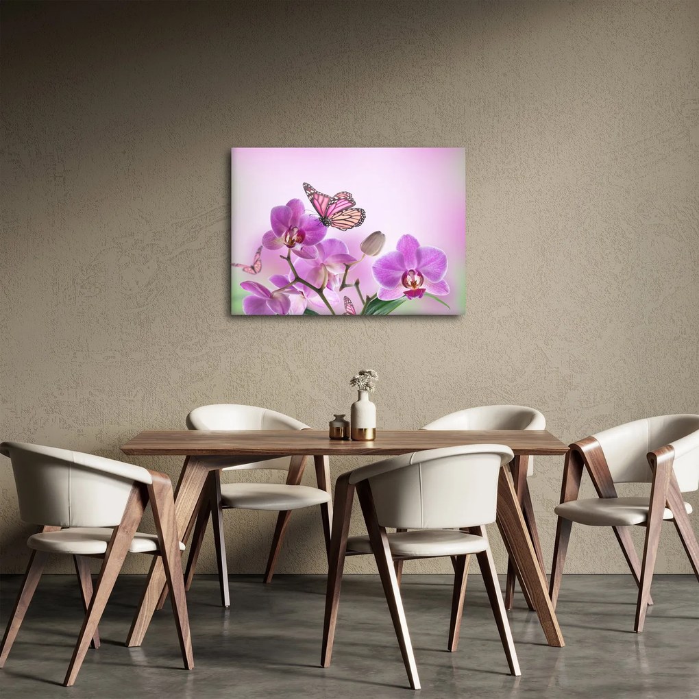 Obraz - Motyl na kwiatach orchidei, liliowy (70x50 cm)