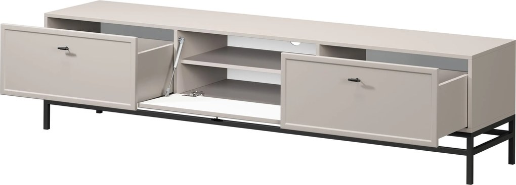 Szafka RTV Lorini 200 cm z szufladami - kaszmir / czarne uchwyty T-bar / stelaż