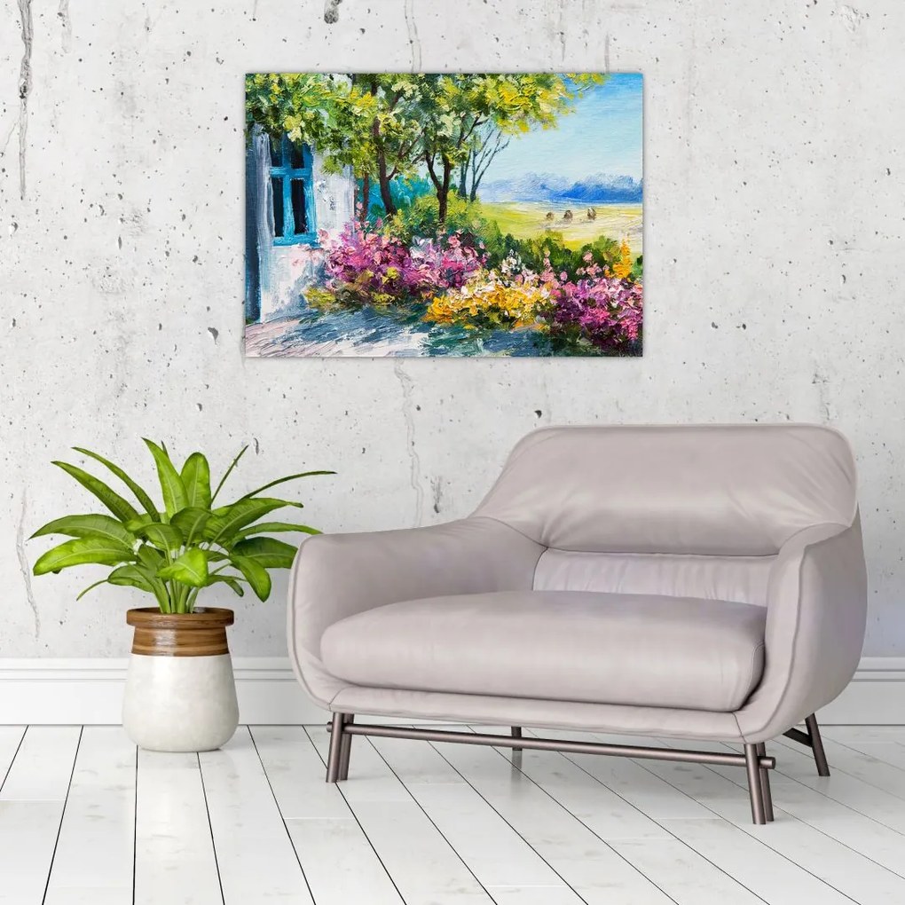 Obraz ogrodu przed domem, obraz olejny (70x50 cm)