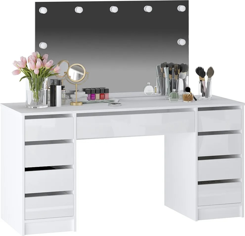 Podwójna toaletka z lustrem LED – 9 szuflad – Biały połysk – JENEMI