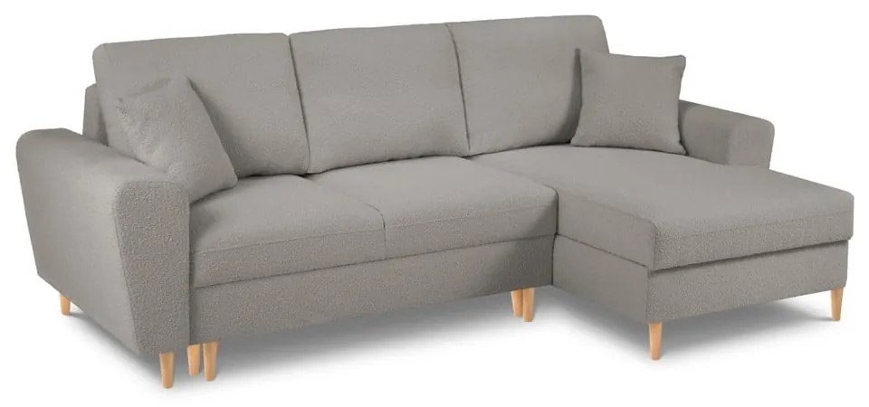 Jasnoszary rozkładany/ze schowkiem narożnik z materiału bouclé (prawostronny/z szezlongiem) Kyoto – Cosmopolitan Design