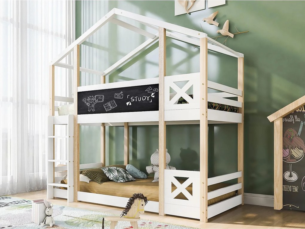 Łóżko piętrowe domek z litego drewna sosnowego z barierkami przeciwupadkowymi + drabinka + tablica czarna - 90x200cm - Naturalny i Biały